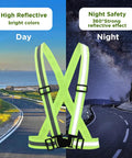 20 Pack Bright Yellow High Visibility Reflective Safety Vests With 360 Degree Glow Adjustable Quick Release Buckles shown in day and night settings.