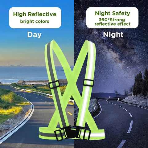20 Pack Bright Yellow High Visibility Reflective Safety Vests With 360 Degree Glow Adjustable Quick Release Buckles shown in day and night settings.