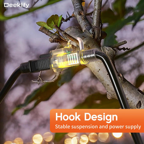 Beefy Workhorse 50 Foot Heavy Duty Outdoor Extension Cord Waterproof with Lighted End hanging on a tree branch showcasing hook design
