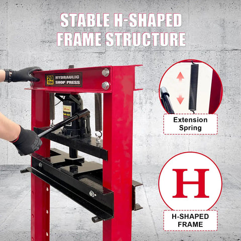 20 Ton Hydraulic Shop Press with Floor Plate Set for Garage Use showing H-frame structure