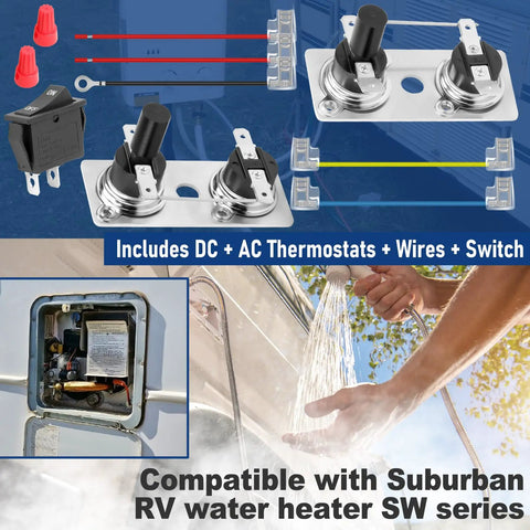 Dual RV Water Heater Thermostat And Limit Switch Kit For SW Series 12V And 120V T Stat Replacement Compatible With RV Water Heaters Easy Install No Cold Showers On The Road, includes dual thermostats, wires, and switch.
