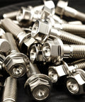 Titanium M6 Flanged Hex Bolts Set, 1.0mm Pitch, Assorted Lengths 5 To 80mm, Ti 6Al 4V Grade 5 Alloy, shown in a close-up view.