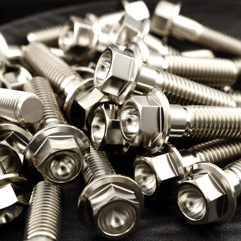 Titanium M6 Flanged Hex Bolts Set, 1.0mm Pitch, Assorted Lengths 5 To 80mm, Ti 6Al 4V Grade 5 Alloy, shown in a close-up view.