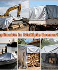 Heavy Duty 8x10 Ft Tarp Waterproof 10 Mil Thick Reversible Silver And Brown Outdoor Cover protecting various outdoor items.