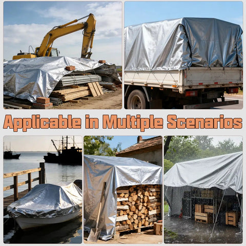 Heavy Duty 8x10 Ft Tarp Waterproof 10 Mil Thick Reversible Silver And Brown Outdoor Cover protecting various outdoor items.