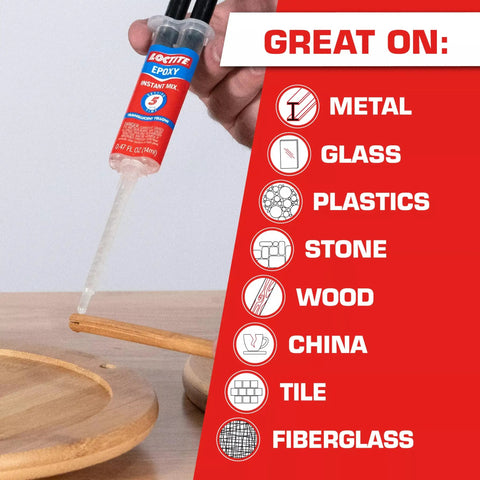 Epoxy Instant Mix Bonding Kit Translucent Yellow 0.47 Fl Oz Syringe used on wood with materials list for metal, glass, plastics, stone, wood, china, tile, fiberglass.