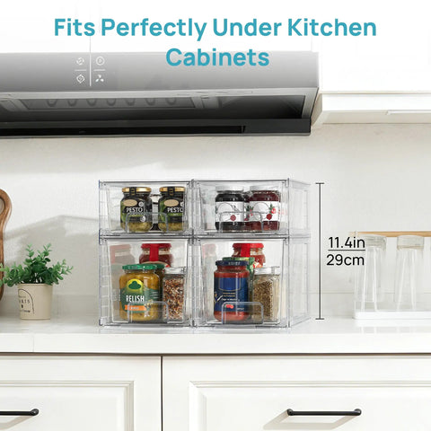 Clear Acrylic Stackable Storage Drawers 4 Pack Sleek Kitchen Cabinet Organizers Featuring Smooth Gliding Rails And No Sweat Setup For Slick Home Decluttering Results holding jars in kitchen cabinet.