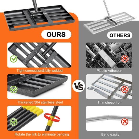 Comparison chart showing Lawn Leveling Rake With 72 Inch Adjustable Long Handle advantages over competitors in material and design.