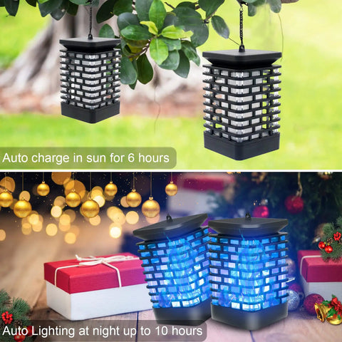 Cool Blue Dancing Flame Solar Lantern Lights Outdoor Waterproof 99LED Hanging Lanterns in garden and festive setup