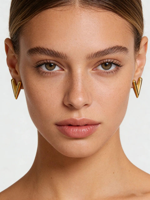 Chunky Gold Plated Earrings for Women, 18K Gold Plated Stainless Steel V Shape Heart Shell Studs on model