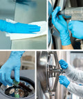 Raxwell nitrile gloves; blue, 8.5 mil, 50-ct collage shows cleaning, drilling, can handling, and machinery assembly.