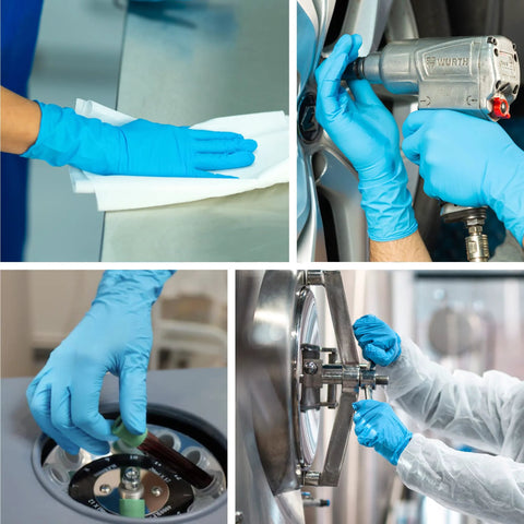 Raxwell nitrile gloves; blue, 8.5 mil, 50-ct collage shows cleaning, drilling, can handling, and machinery assembly.