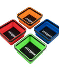 Foldable Magnetic Parts Tray Set For Mechanics Collapsible 4.5-inch square trays in four colors: orange, red, blue, green.
