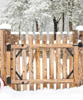 Wooden gate with Anti Sag Gate Corner Brace Bracket Kit With Latch Lock For Shed Doors, Corral And Driveway Gates, snow background