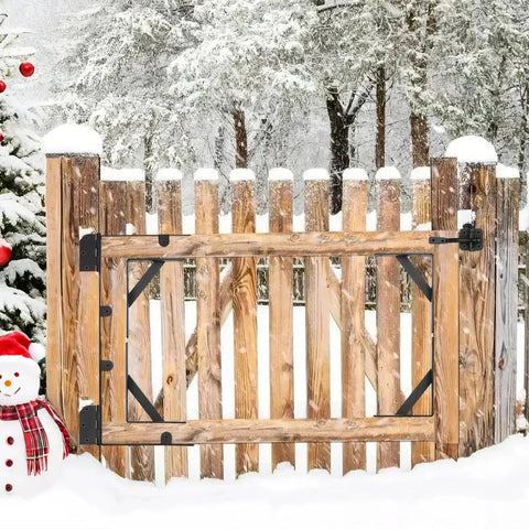 Wooden gate with Anti Sag Gate Corner Brace Bracket Kit With Latch Lock For Shed Doors, Corral And Driveway Gates, snow background