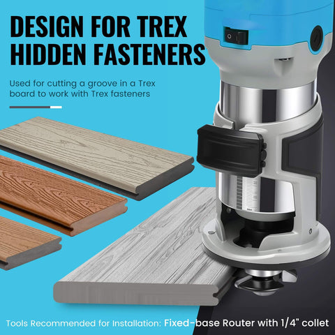 Pro Grade Carbide Tipped Router Bit Groove Cutter For Trex Decking That Works With Trex Hideaway Hidden Fasteners One Quarter Inch Shank Three Eighth Inch Cutting Depth Five Thirty Second Inch Height Delivers Durable Precise Clean Grooves, shown in use with Trex boards and router.