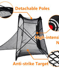Pop Up Golf Practice Net 7x7x4ft Hitting Cage With Target, highlighting detachable poles and anti-strike target.