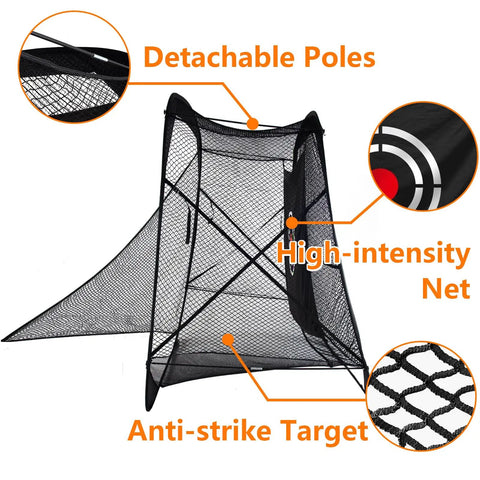 Pop Up Golf Practice Net 7x7x4ft Hitting Cage With Target, highlighting detachable poles and anti-strike target.