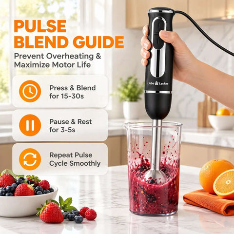 Smooth As Silk 300 Watt Immersion Stick Blender With Rock Solid Build for pureeing soups and smoothies in a kitchen setting.