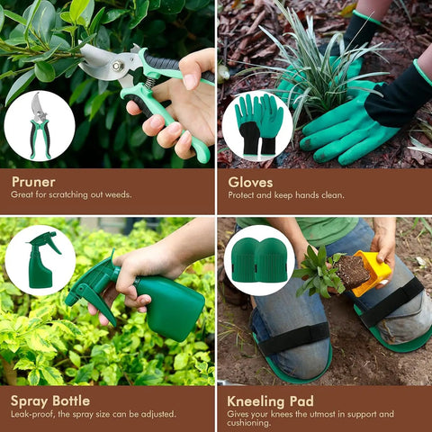 Heavy Duty Garden Tools Set Of 10 With Stainless Steel Tools And Wooden Handles Includes Pruning Shears and Gloves in use