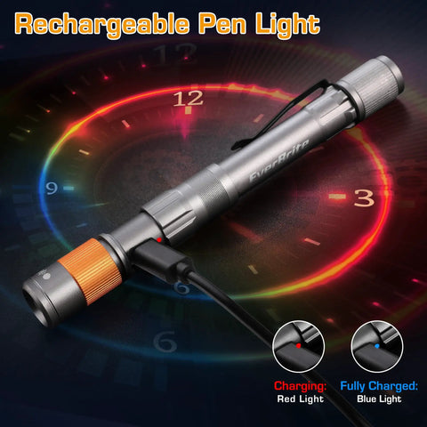 Rechargeable Pen Light With 300 Lumens Zoomable LED Pocket Flashlight UV Light Option Clip Memory Mode USB C Cable Included