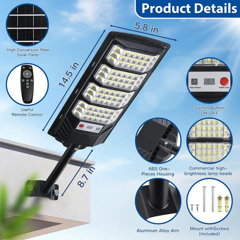Hella Bright Solar Street Lights 2 Pack Outdoor Waterproof Design With 6500K LED Motion Sensor Dusk To Dawn Mode Wireless Remote Included 320 Degree Wide Angle Flood Beam Perfect For Patios Yards And Business Lots