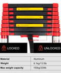 8.5ft Aluminum Telescoping Ladder With Extension Folding Design For Roofing, Outdoor Work, Home Use, Multipurpose Step Ladder, 330 Lb Capacity, Red, Anti Slip Feet, close-up of locking mechanism and safety labels.