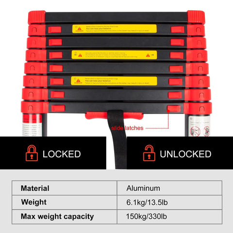 8.5ft Aluminum Telescoping Ladder With Extension Folding Design For Roofing, Outdoor Work, Home Use, Multipurpose Step Ladder, 330 Lb Capacity, Red, Anti Slip Feet, close-up of locking mechanism and safety labels.