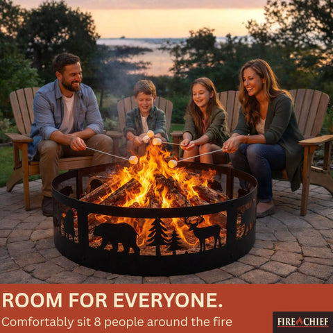 Family enjoying campfire with 36 Inch Heavy Duty Wood Burning Fire Pit Ring With Decorative Wildlife Design in the backyard at sunset.