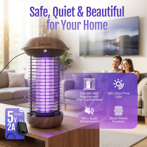 Indoor Outdoor Bug Zapper USB Powered Plug-In Mosquito Killer 4200V Electric Grid on a living room table, showing LED light and ABS shell.