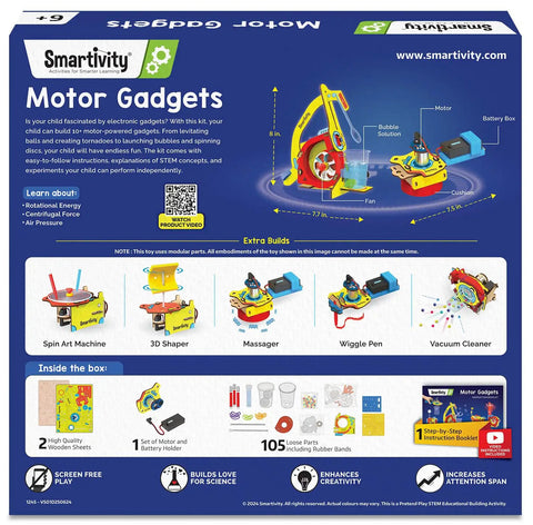 Box of Motor Powered 10 In 1 STEM Kit For Kids Build 10 Plus Working Gadgets With One Motor Bubble Launcher Spinner And More