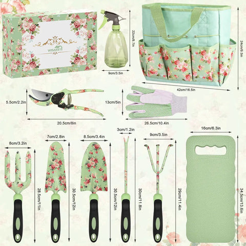 10 Piece Floral Design Garden Tools Set With Tote Bag And Knee Pad Includes Hand Rake Weeder Transplanter Trowel Pruning Shears