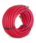 Coiled Fifty Foot Rubber Air Hose With Three Eighths Inch Inner Diameter And Brass Fittings For Pneumatic Tools 300 PSI Working Pressure