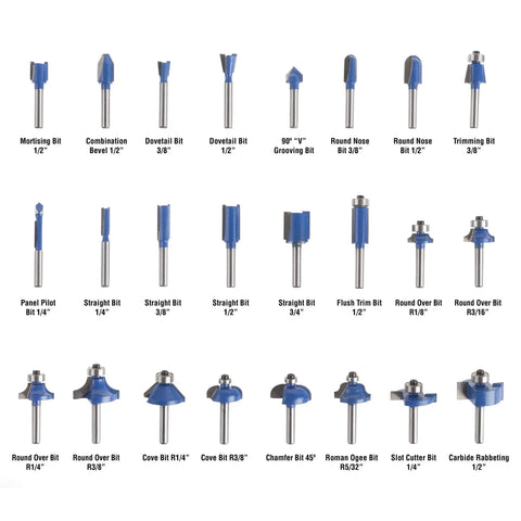 24 Piece Router Bit Set With 0.25-Inch Shank And Wooden Storage Case For Woodworking, DIY Home Improvement Kit Including Straight, Dovetail, Cove, Panel Pilot, Mortising, Bevel And Roundover Bits displayed in rows