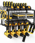 Wall Mount Tool Organizer Rack With Four Cordless Drill Holders Three Layer Garage Storage Shelf Heavy Duty Iron Matte Black Keeps Your Shop Clean And Ready 150 Lb Load Capacity, holding tools and drills.