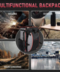 Rugged Heavy Duty Welding Backpack With Helmet Catch Large Capacity Welding Tool Bag shown in multiple settings for versatility
