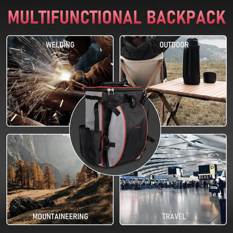 Rugged Heavy Duty Welding Backpack With Helmet Catch Large Capacity Welding Tool Bag shown in multiple settings for versatility