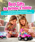 Girls playing with Pink 1 To 16 Scale Remote Control Jeep For Girls With LED Lights Fits Two 5.5 Inch Dolls 2.4 GHz Off Road RC Toy Car