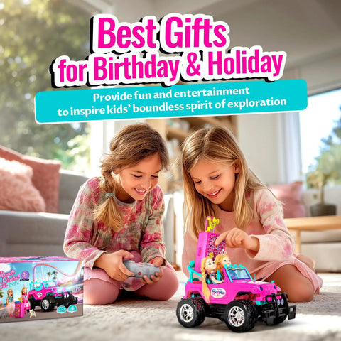 Girls playing with Pink 1 To 16 Scale Remote Control Jeep For Girls With LED Lights Fits Two 5.5 Inch Dolls 2.4 GHz Off Road RC Toy Car