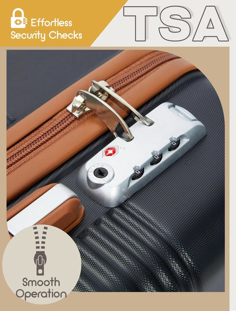 Close-up of TSA lock on Airline Approved Carry On Luggage 22x14x9, 20 Inch ABS Hard Shell Suitcase With 8 Smooth Rolling Silent Spinner Wheels