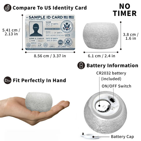 Small Real Wax Flameless Candles with Silver Glitter, LED Flicker, 3 pack, showing size comparison with ID card and hand, battery info