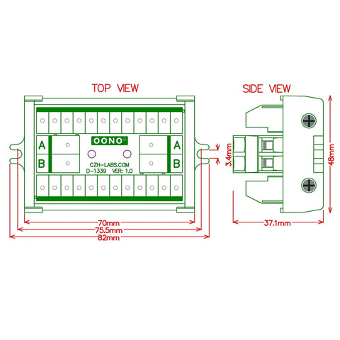 Diagram showing Two Row 2x12 Position Screw Terminal Block Distribution Module 30A 300V with dimensions and side view
