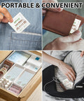 200-count eyeglass lens wipes, pre-moistened and individually wrapped; shown in pocket, wallet, drawer, and bag.