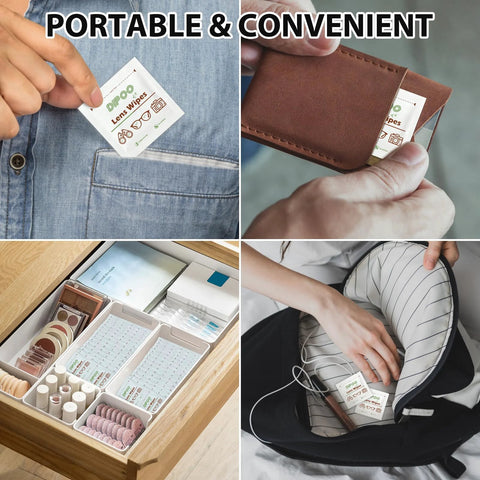 200-count eyeglass lens wipes, pre-moistened and individually wrapped; shown in pocket, wallet, drawer, and bag.