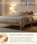 Queen Size Wooden Platform Bed Frame Solid Build And Dead Silent Heavy Duty Slats Zero Hassle Setup No Box Spring Needed Fresh Japandi Finish with sleeping woman.