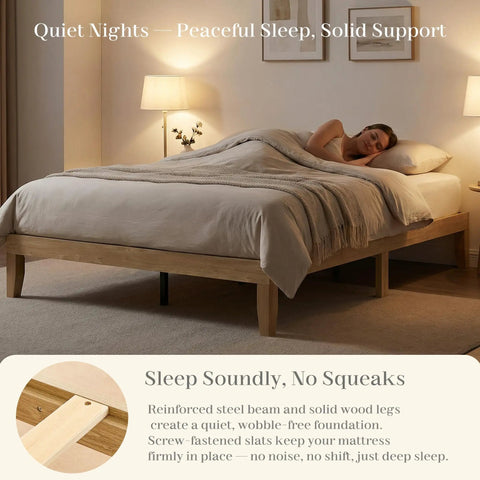 Queen Size Wooden Platform Bed Frame Solid Build And Dead Silent Heavy Duty Slats Zero Hassle Setup No Box Spring Needed Fresh Japandi Finish with sleeping woman.