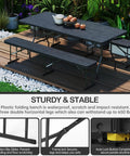 6 Foot Folding Bench Seat For Indoor Outdoor Use Portable Black 2 Pack Foldable Picnic Camping Garden Bench For Dining Soccer Practice Multipurpose Entertaining Activities With Easy Carry Handle displayed on patio with plants