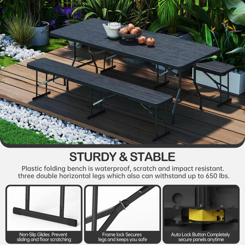 6 Foot Folding Bench Seat For Indoor Outdoor Use Portable Black 2 Pack Foldable Picnic Camping Garden Bench For Dining Soccer Practice Multipurpose Entertaining Activities With Easy Carry Handle displayed on patio with plants