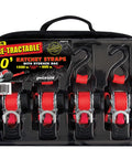 Red 1 Inch By 10 Foot Retractable Ratcheting Tie Down Straps Set Of Four With Storage Bag 1200 Pound Load Capacity