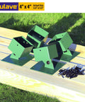 Stainless Steel Swing Set Anchor Leveling Kit For 4x4 Wood Posts Actual Size 3.5x3.5 with green brackets on grass.